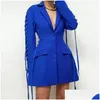 Damenanzüge Blazer Damen Blazer Kleid Frauen Elegante Mode Luxus Blau Einreiher Knopftasche Kerb Slim Hohe Qualität Dhwtz