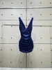 Robe femme col en v bleu sequin gilet moulante mini robe