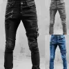 Retro Moto Biker Gerade elastische Jeans Männer Reißverschluss Loch Streetwear Punk Skinny Denim Cargo Hosen Pantales Hombre Y2K Kleidung f2ae #