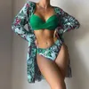 Kadın Mayo Mayo Seti Yüksek Bel Briefs ile Çiçek Baskı Bikini, Kadınlar İçin Uzun Kollu Kapak Yukarı Push