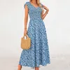 Party Dresses Women's Summer Flowy Maxi Dress Solid Color Casual Cap Sleeve V Neck Smocked Beach Sundress Long For Women