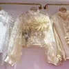 Женские блузки KUSAHIKI 2024, весенне-осенняя модная рубашка с длинными рукавами и воротником-стойкой из бисера и 3D цветком, сетчатый топ с перспективой
