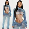 Buildingb faux denim Body Print Långärmhylsa Hög hals blossad jumpsuit Sexig nacklös 3D Street 240321