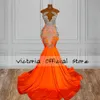 Оранжевая оборудованная русалка PROM DR 2024 Sier Beaded Clyeste African Black Girls Satin Luxury Prom Gala Gowns Robe de Bal 604n##
