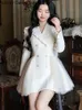 Korean Elegant Mini White Dress Women Vintage Chic Bow Mesh Design Formal Dress Summer Casual Slim Birthday Evening Party Dress 240318