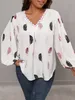 finjani Plus Size Casual Feather Print T-Shirts V-neck Lace-trimmed Blouses Top Lantern Sleeve Women's Tee r2lq#