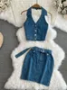 Arbeitskleider Denim-Kleid-Sets, Neckholder, ärmellos, Knopf, rückenfrei, Tank-Rock, Gürtel, Damen, American Retro, Damen-Zweiteiler, Sommer-Dropship