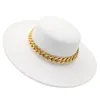 Berets Women's Hat Wide Brim Fedora Wool Wedding Jazz Hats Round Flat Top Felt Golden Chain Belt Trilby