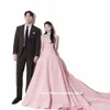 Fancy baby rosa en linje bröllop dr v hals ärm brud klänning elastisk satin golvlängd korea kvinnor fotografering dres f9oe#