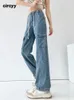 Calças de brim femininas circyy calças de carga mulheres cintura alta 2024 cordão comprimento total azul calças streetwear vintage bolsos retos