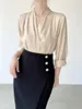 Women's Blouses Khaki Satin V-Neck Pleated Slim Shirts French Elegant Long Sleeve Blusas Femininas Elegantes Estilo Coreano Blusen Damen