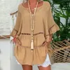 Women Yellow 3/4 Sleeve Sexy Dress Brand Loose Cotton Linen Dresses White Plus Size Clothing Button Hollow Out Shirt Dress S-5XL 240314