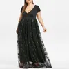 Neue Maxi-Kleider für Frauen Plus Size Bohemian Beach Sommer Sundr V-Ausschnitt Kurzarm Floral Pailletten Abend Party Mesh Dr i4xu #