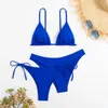 Mulheres Swimwear Sexy 3 Peça Bikini Set Mulheres Sólido Azul Roxo Push Up Bandage Triângulo Swimsuit Brasileiro Praia Banheira Terno Swumwear