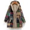 Invierno Vintage mujer estampado Cott abrigo polar chaqueta con capucha grueso cálido bolsillo LG manga prendas de vestir exteriores talla grande Casual suelto nuevo 85km #