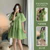 Green Maternity Summer Clothes Fashion Plus Size Pregnant Woman Clothes Puff Sleeve Ruffles Patchwork O-Neck Pregnancy Dresses 240319