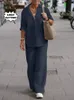 2023 Herfst Fi Plus Size Vrouwen Set Grote Maat Losse Katoenen Linnen Shirt Hoge Taille Wijde Pijpen Broek elegante Tweedelige Set V7FV #