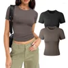 T-shirts pour femmes Femmes Summer Col rond à manches courtes T-shirt court de base Couleur unie Stretch Ajusté Pull serré Entraînement Crop Top