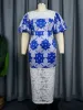 Aomei femmes bleu imprimé fête Dr dentelle Patchwork bouffée à manches courtes gaine élégante célébrer événement robe grande taille 4XL grande taille i2iR #