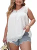 Gibsie Plus Size White Lace Trim Sleevel Blouse Femmes 2024 Été Boho Casual Lâche O-cou Festonné Ourlet Hauts Et Blouses J9hG #