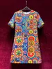 2024 Spring Multicolor Blue Floral Print Dress Short Sleeve Round Neck Rhinestone Knee-Length Casual Dresses X4M2612306