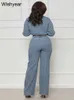 elegant Denim Two Piece Set Women Lg Sleeve Butts Drawstring Jackets Crop Top Wide Leg Pants Jeans Suits Streetwear Outfit 33AO#