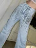 Deat Jeans pour femmes taille haute brillant Lg gland chaîne Diamd couleur unie pantalon en jean droit 2024 été nouveau Fi 29L3492 65BP #