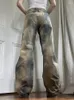 Jeans pour femmes Iamsure Safari Style Tie Dye imprimé jambe large décontracté lâche taille moyenne pantalon droit femmes 2024 automne hiver streetwear