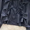 Kvinnor Bluses Women Chic Drawstring Pleated Top Slim Basic Sexy Korean Shirt Fashion Lapel Puff Long Sleeve Autumn