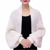 XPQBB Kort stickad Cardigan för kvinnor Vintage Harajuku Lantern Sleeve Shawl Topps Female Elegant Fall Winter Solid tröja Rockar Q6le#