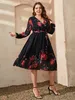 Chic grande taille imprimé fleuri col en V Midi ceinturé Dr femmes vêtements de sport noir Lg manches fête élégant Vintage Dres K63s #