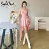 Casual Dresses Sylcue 2024 Spring Korean Sweet Gentle Youthful Vitality Mature Beautiful Sexywomen'S Solid Color Irregular Shoulder Dress