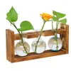 花瓶 - 緑の水植物テーブルデスクの装飾用の木製ラックスタンドホルダー付き花瓶の花瓶のガラス木製フラワージャープランター