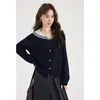 Autumn Winter Women Navy Blue Sticke Cardigans Ströja Lossa japansk söt singel Breasted Sailor Collar Jumper Preppy Style S8YU#