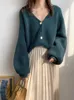 Neue Übergröße Damenpullover Herbst Winter Fiable Casual Blau V-Ausschnitt Strickjacken Einreiher Puffärmel Lose Strickjacke Y8gZ #