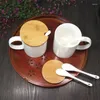 Tazze con coperchio in legno, logo personalizzato, tazza per sublimazione del caffè in ceramica bianca personalizzata con cucchiaio