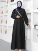 Etnische kleding Siskakia Eid Zwarte Lantaarn Sleeve riemjurken Tasel Diamonds kettingen Rapel kraag moslim Saoedi Dubai vrouwen abayas