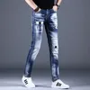 jeans sommar rippade män casual lätta blå byxor lapp jean streetwear fi smal fit denim byxor g7m6#