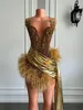 Luxe gouden diamd formele ocn cocktail dres pure sexy zie door zwarte meisjes veer short prom dres 2024 verjaardag n6hm#