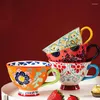 Copos pires cerâmica xícara de café boêmio flor pintados à mão ins café da manhã alta capacidade 420ml caneca de chá utensílios de água cozinha jantar barra