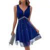 Vestidos casuales básicos Vestido de mujer de malla elegante con cuello en V perla adornada una línea de noche con cintura alta de doble capa para fiesta de verano PR OTG4U