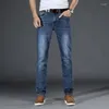 Mäns jeans 2024 Autumn Trousers Cotton Elasticity Skinny Business Casual Male Denim Slim Pants Classic Style Blue and Sky