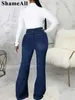 Plus Größe Gestreifte Patchwork Flare Jeans 4XL Frühling Zweireiher Mittlere Taille Splice Bell Bottoms I9qz #