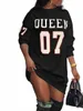 lw Plus Size Queen Letter Print Streetwears Loose Fit T-shirt Dr Summer Women's Round Neck Short Sleeve Black Loose Dr a53x#