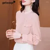 Damenblusen für Damen, koreanische Mode, gekräuselte Seide, elegante Bürodame, Stehkragen, Freizeithemden, solide, lange Ärmel, schicke Tops, Blusa Mujer