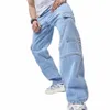 Nyaste manens sidopock jeans blå baggy denim rak ben last byxor man f5iy#