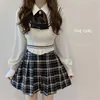 Autumn Preppy Style Uniform 4-stycken Set Girls Korean Knited Vest White Shirt Ribb Bow High midje Plaid kjol JK Uniform Suit F1UU#