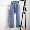 155 kg Plus Size Damenhose Hohe Taille Lässige, lockere, geschlitzte, ausgestellte Jeans Schwarz Blau Hüfte 150 5XL 6XL 7XL 8XL 9XL T6zS #