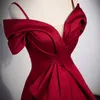 Soirée Dr Red Red Sleeves Pleat-Helfurgle Lace Up Up A-Line Elegant Boat Neck Satin Nouvelle fête Dres Femme B2745 M300 #