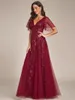 elegant Evening Dr Romantic Shimmery Deep V-Neck Ruffle Sleeves Ever Pretty of 2024 Burdy Gauze Sequin Maxi Lg Gowns N7xc#